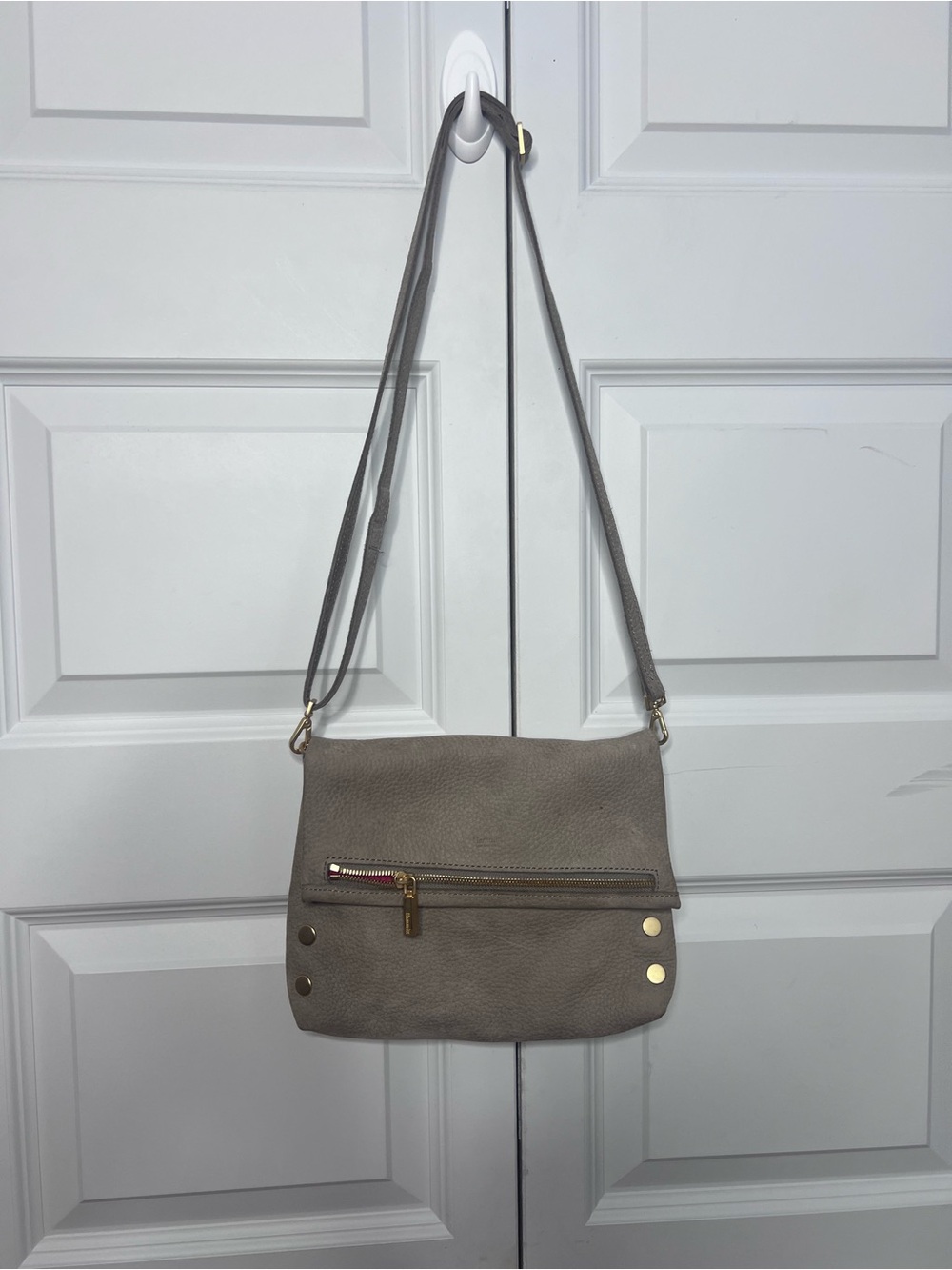Hammitt VIP Medium Leather Crossbody Pewter Gray Gold Hardware Red Suede Lining